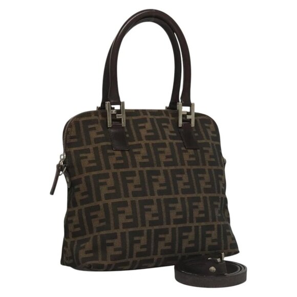 FENDI Zucca Canvas Hand Bag 2way Black Brown Silver Auth